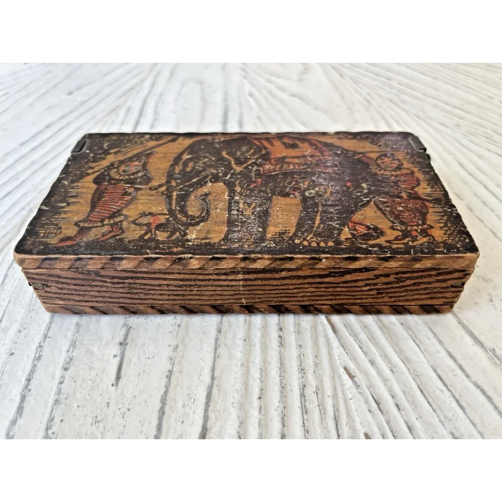 Antique Wood Pyrography Box Circus Clowns Elephant Unique Hinges 2.5 x 5